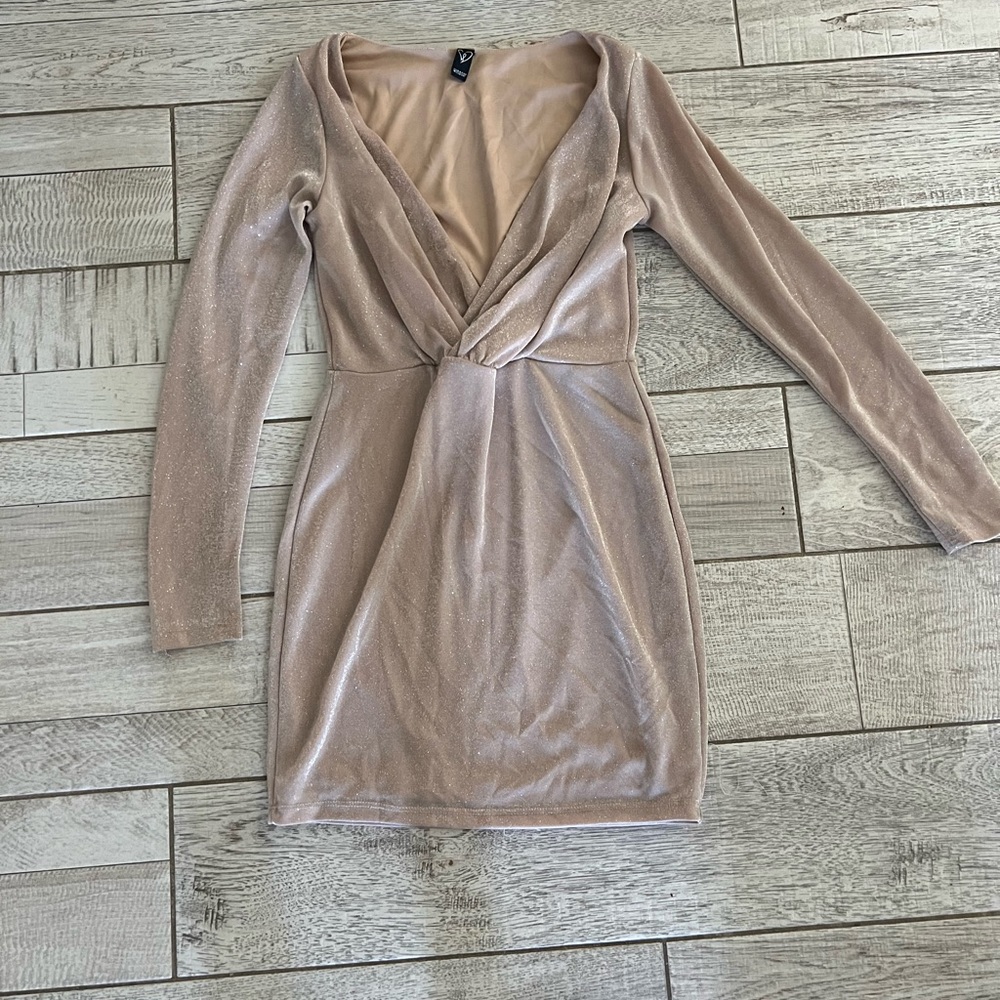 Sparkly Rose Gold Long Sleeve Bodycon Dress, Size Large